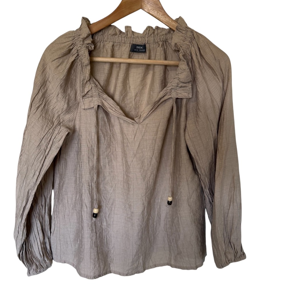 MAX Women's Beige Crinkle Gauze Tie Neck Ruffled Long Sleeve Blouse‎ Size UK 6